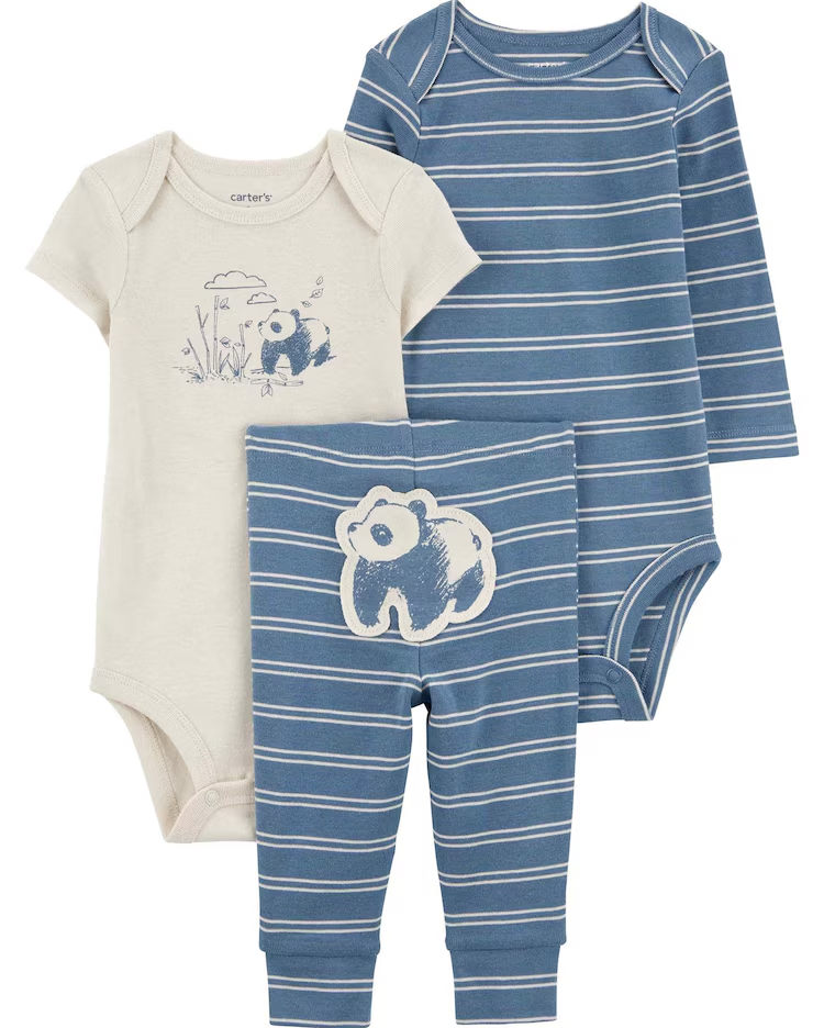 Conjunto longo bebê 3 peças listras panda multicor |